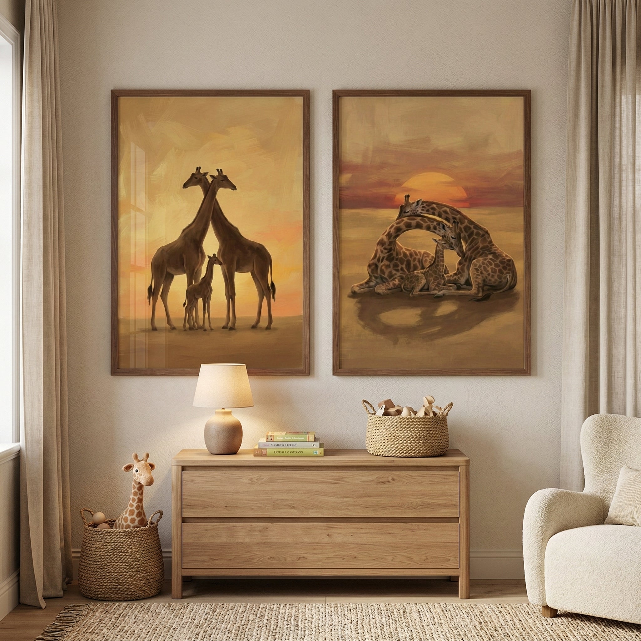 Golden Savanna Giraffe  Wall Art Set of 2 - Savanna Sunset Love