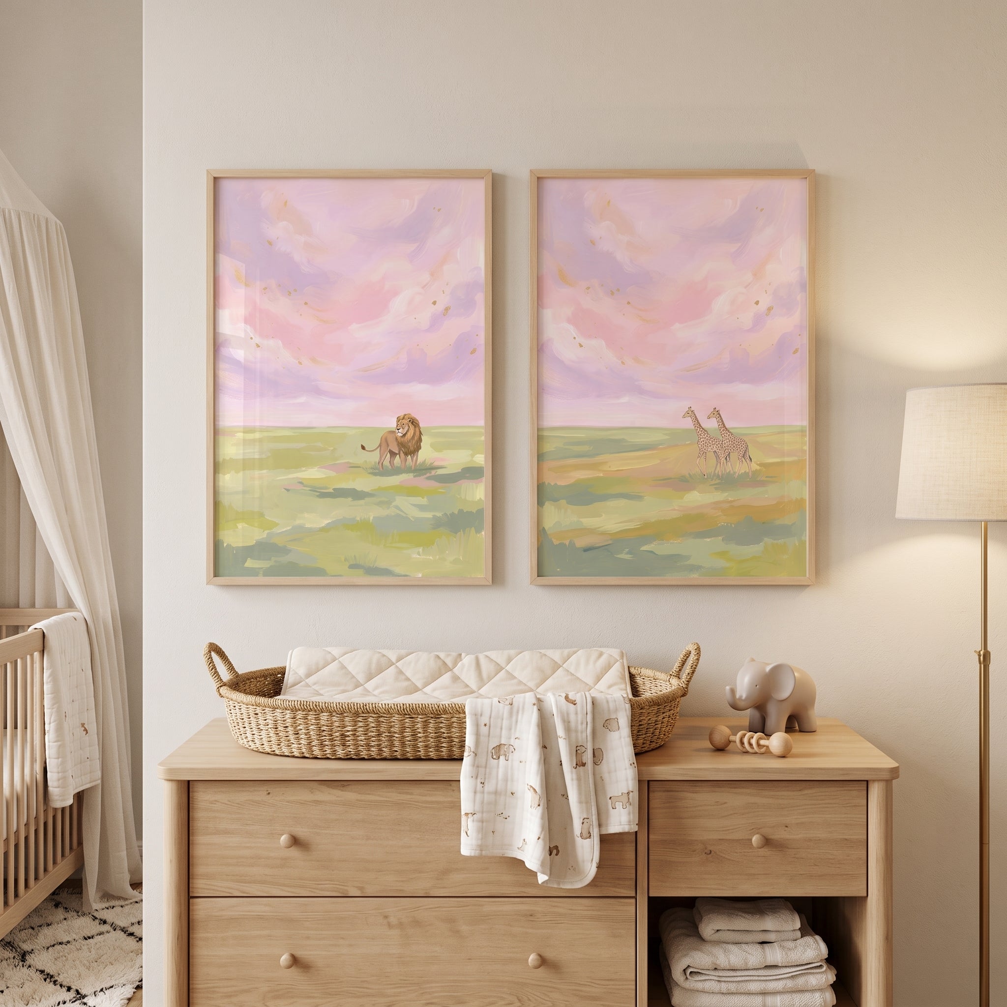 Golden Sky Savanna Animals Wall Art Set of 2 - Dreamy Safari Horizon