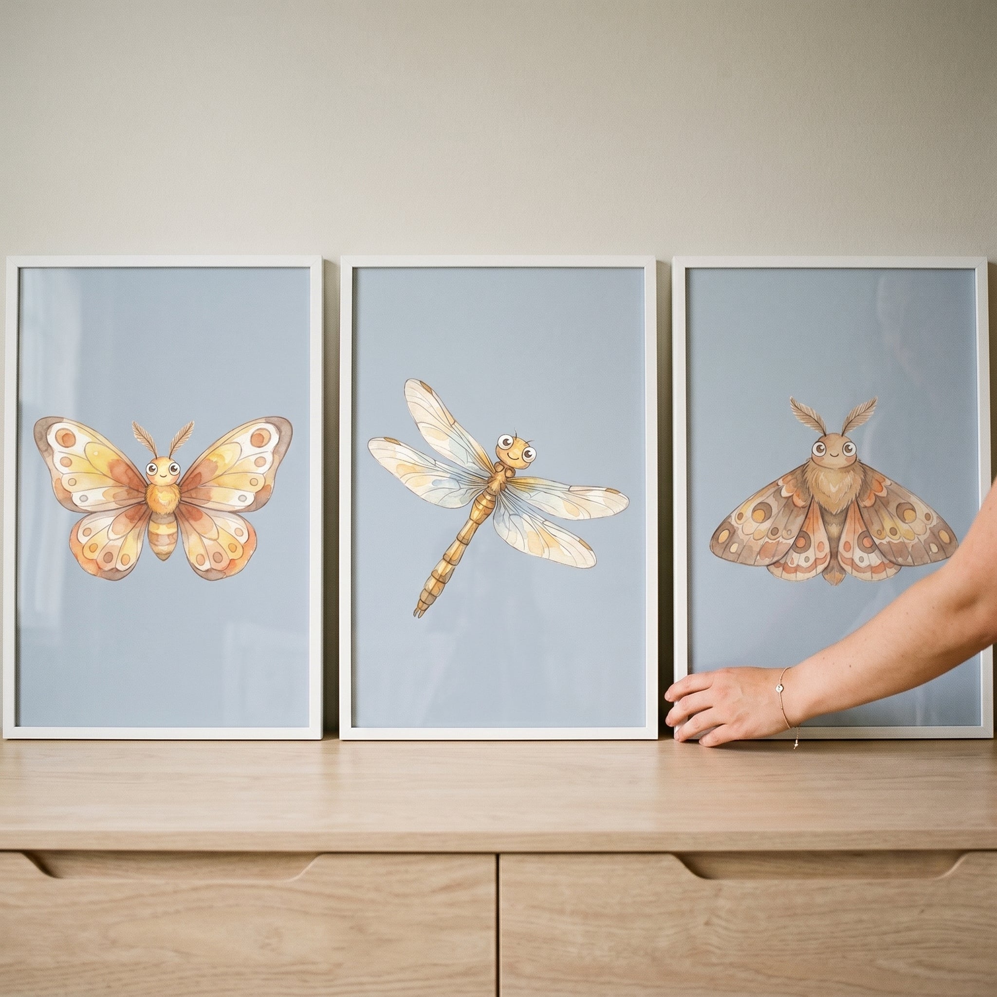 Golden Smiling Insect Wall Art Set of 3 - Soft Meadow Trio