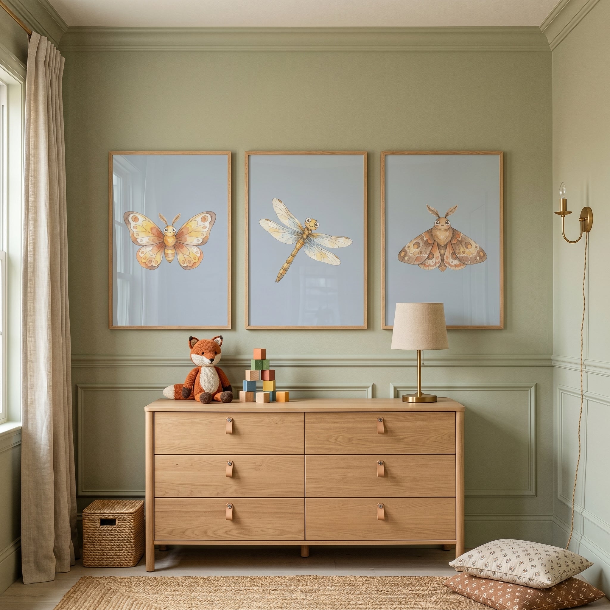 Golden Smiling Insect Wall Art Set of 3 - Soft Meadow Trio