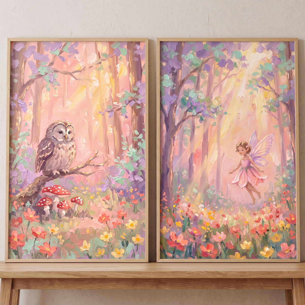 An owl and a fairy in a sunlit pastel woodland; golden sunbeam enchanted forest wall art set of 2.