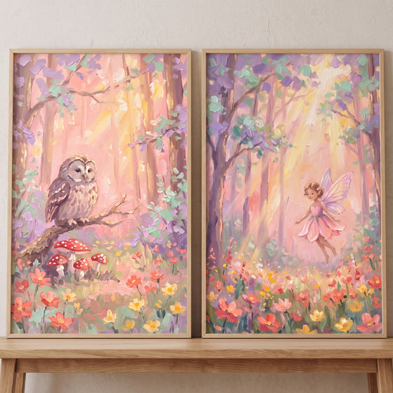 An owl and a fairy in a sunlit pastel woodland; golden sunbeam enchanted forest wall art set of 2.