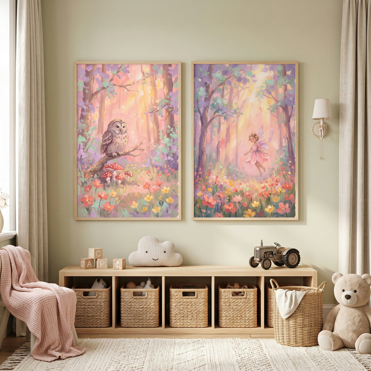 Golden Sunbeam Enchanted Forest Wall Art Set of 2 - Whimsical Fairy Glade