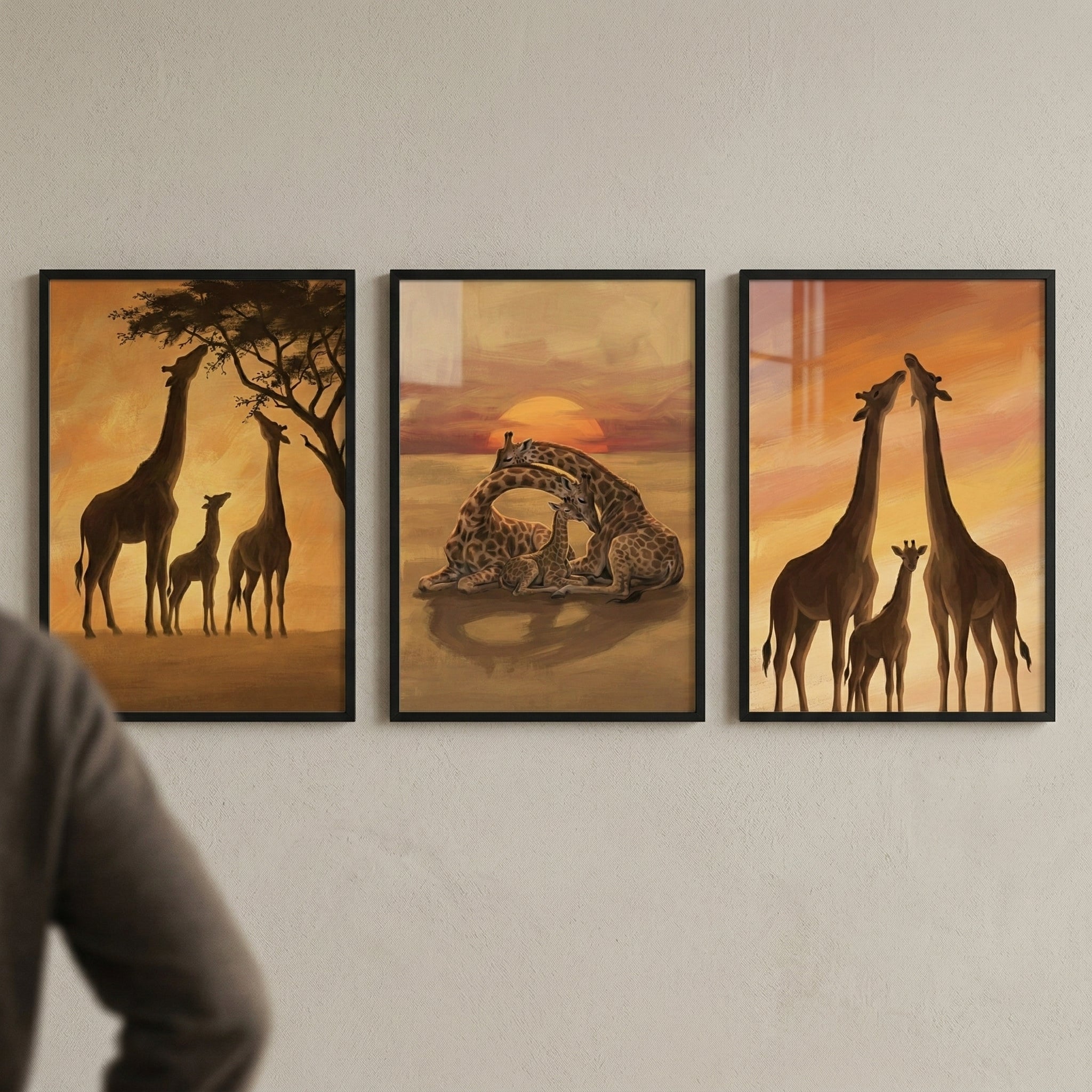Giraffe Family In The Savanna Wall Art Set of 3 - Savanna Sunset Family