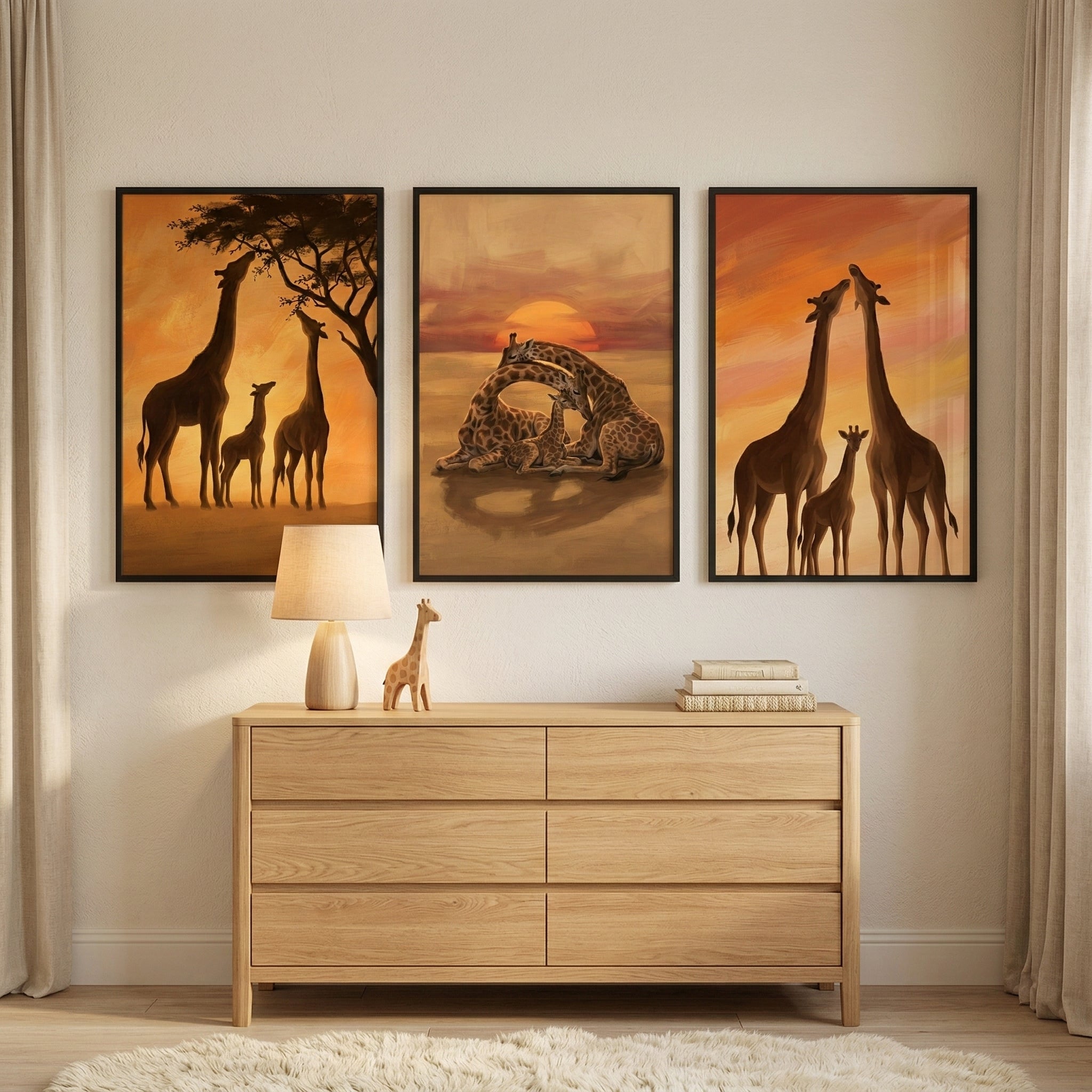 Giraffe Family In The Savanna Wall Art Set of 3 - Savanna Sunset Family