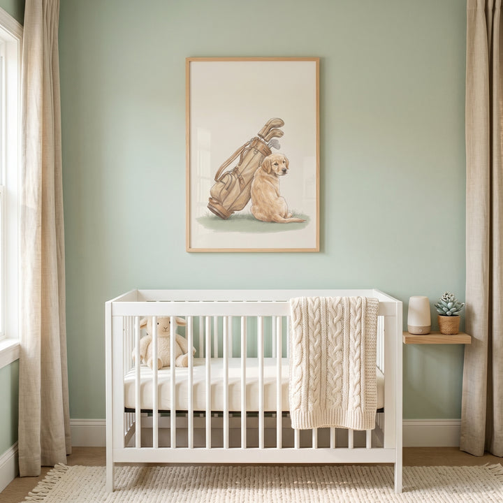 Golf bag golden retriever dog wall art hangs above a white crib in a green nursery with neutral tones.