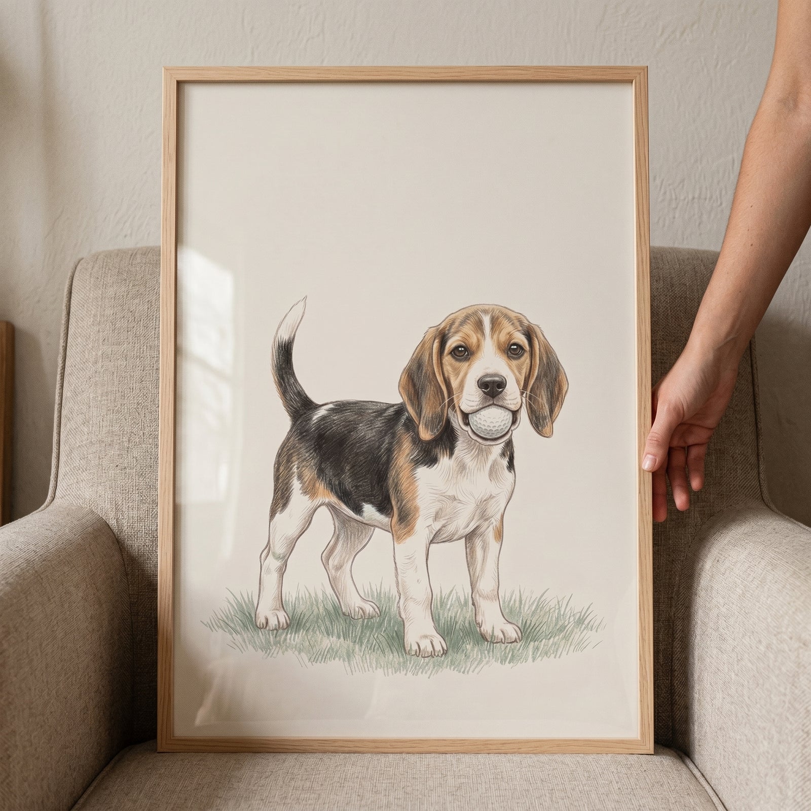 Framed golf ball mouth beagle dog wall art shows a tricolor puppy standing on grass with a ball in its mouth.