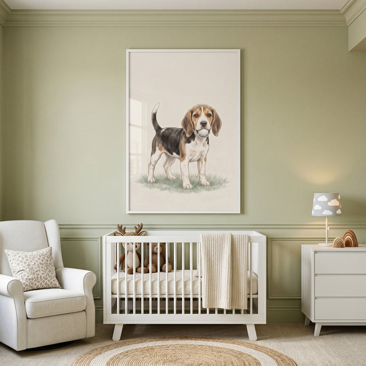 Sage green nursery features a white crib, armchair, and golf ball mouth beagle dog wall art on the paneled wall.