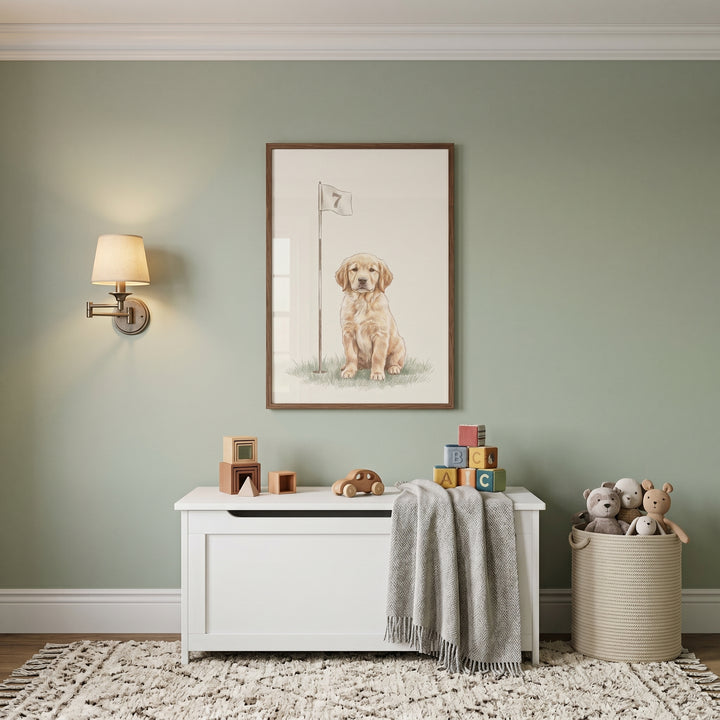 Golf flag golden retriever dog wall art above a toy chest and stuffed animal basket in a sage green nursery.