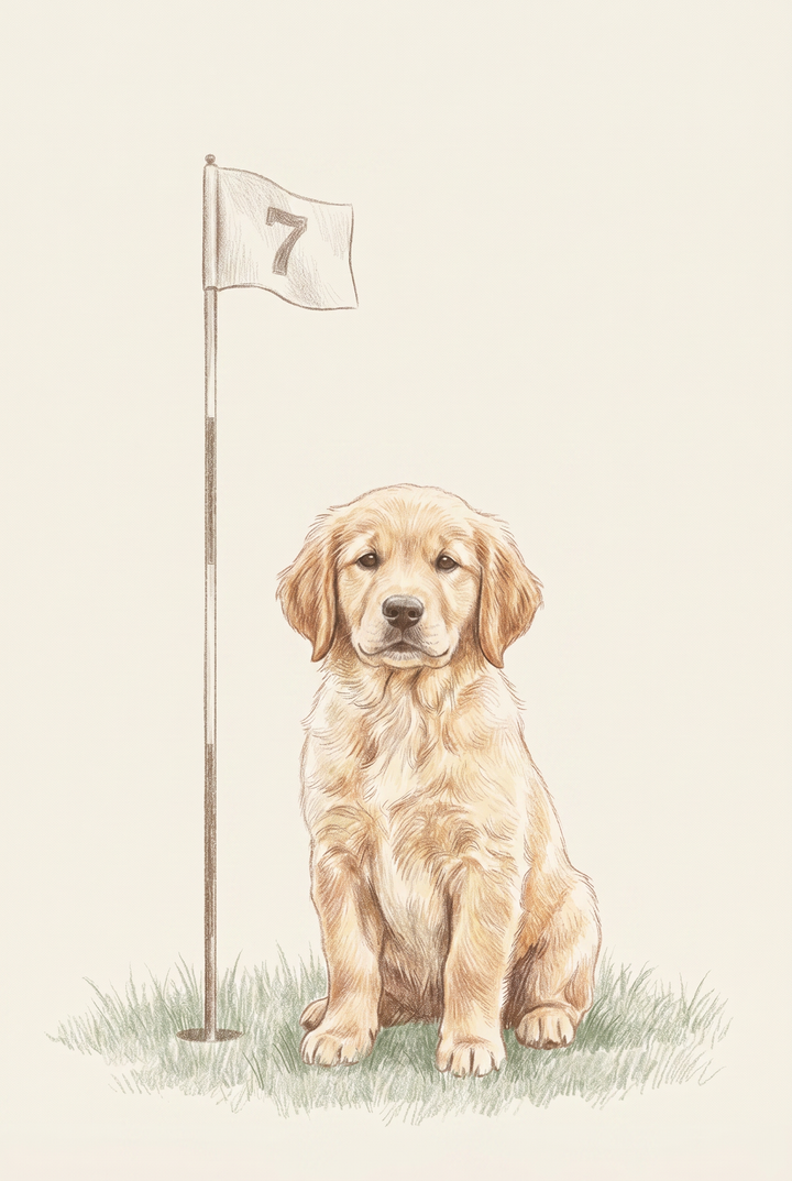 Golden retriever puppy sitting on grass by a number 7 flag, golf flag golden retriever dog wall art.