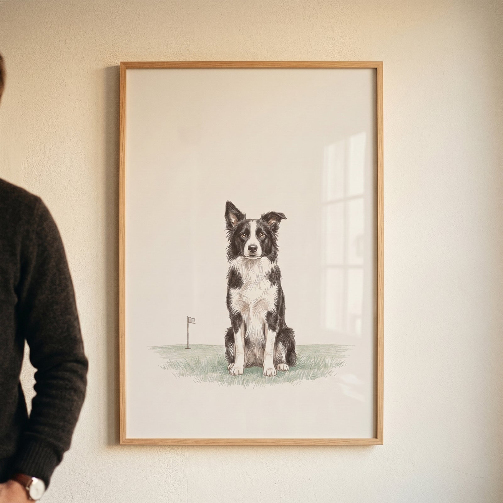 Framed golf green border collie dog wall art featuring a black and white dog sitting on grass with a flag.
