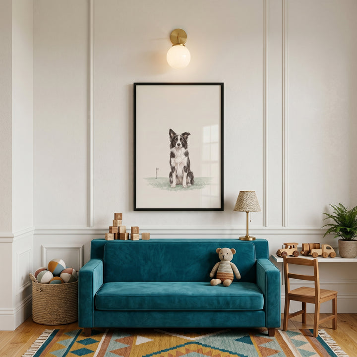 Golf green border collie dog wall art hangs above a teal sofa in a playroom with wooden toys and a colorful geometric rug.