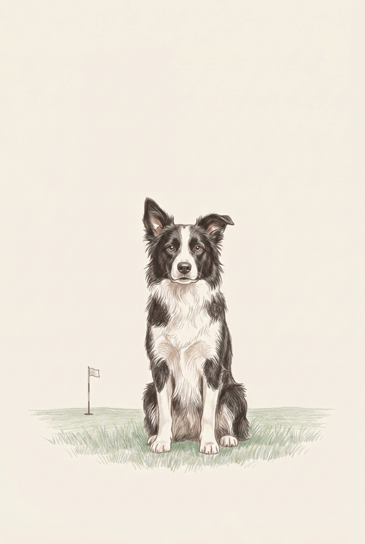 Golf green border collie dog wall art featuring a black and white collie sitting on grass next to a small golf flag.
