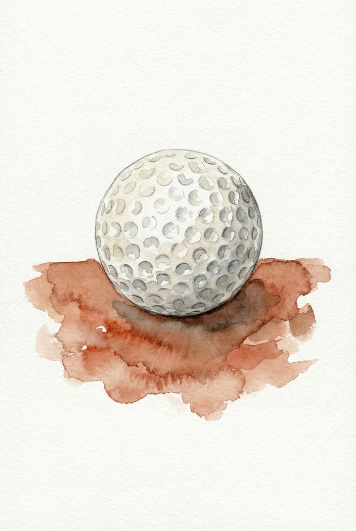 Watercolor painting of a white golf ball with visible dimples resting on a reddish-brown patch of dirt. The soft shading and textured background highlight the ball’s rounded form and athletic focus.