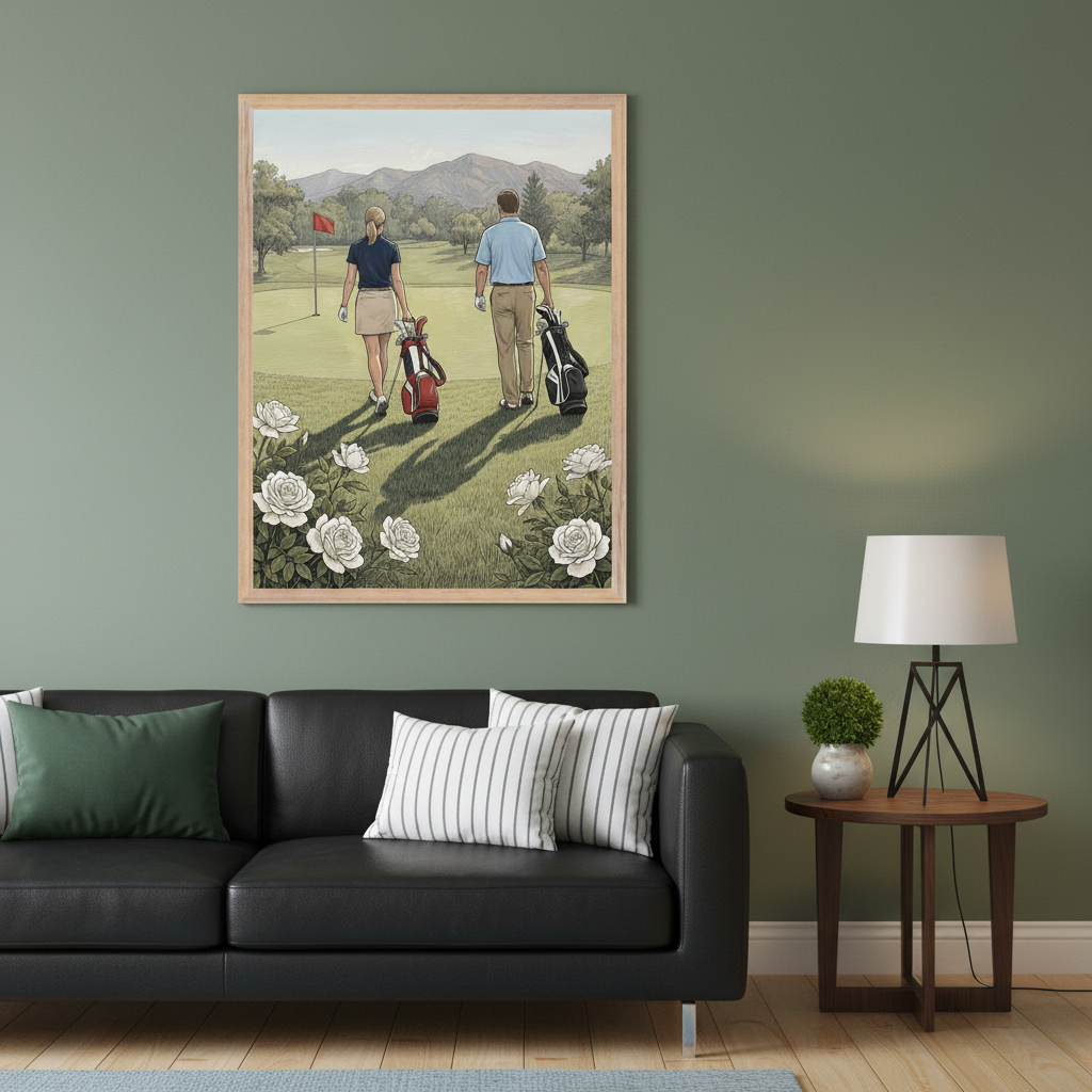 Living room with a black leather sofa and wooden side table. A large framed illustration of a man and woman carrying golf bags on a golf course with mountains and white roses hangs above the sofa.