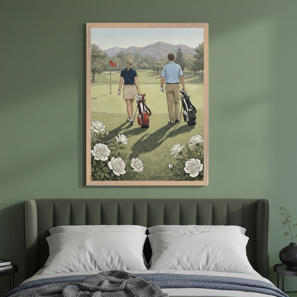 Modern bedroom with a dark green upholstered bed. A large framed illustration hangs centered above the bed, depicting two golfers walking on a green towards a flag, with mountains in the background and white roses in the foreground.