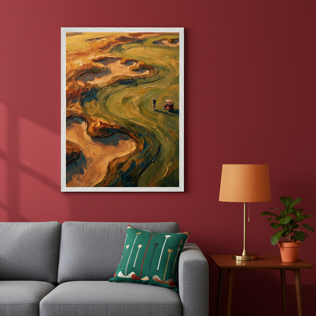 Living room with a grey sofa and wood side table. A large framed, impressionistic oil painting of an aerial golf course with bunkers, a golfer, and a cart hangs on the red wall above the sofa's left side.