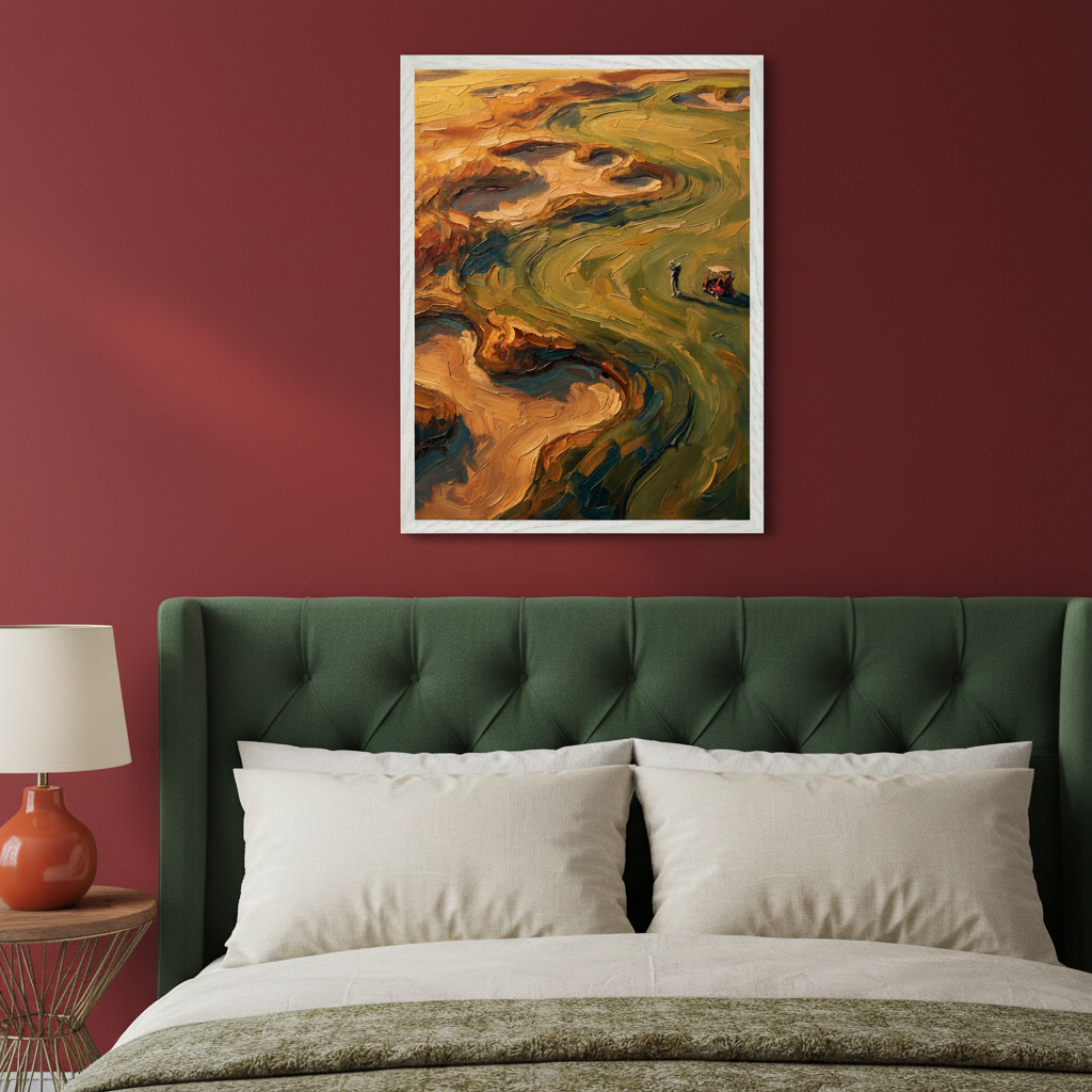 Bedroom with a green tufted bed. A framed impressionistic painting of a golf course with green fairways, sand traps, a golfer, and a golf cart hangs centered above the bed. An orange lamp is on a side table.
