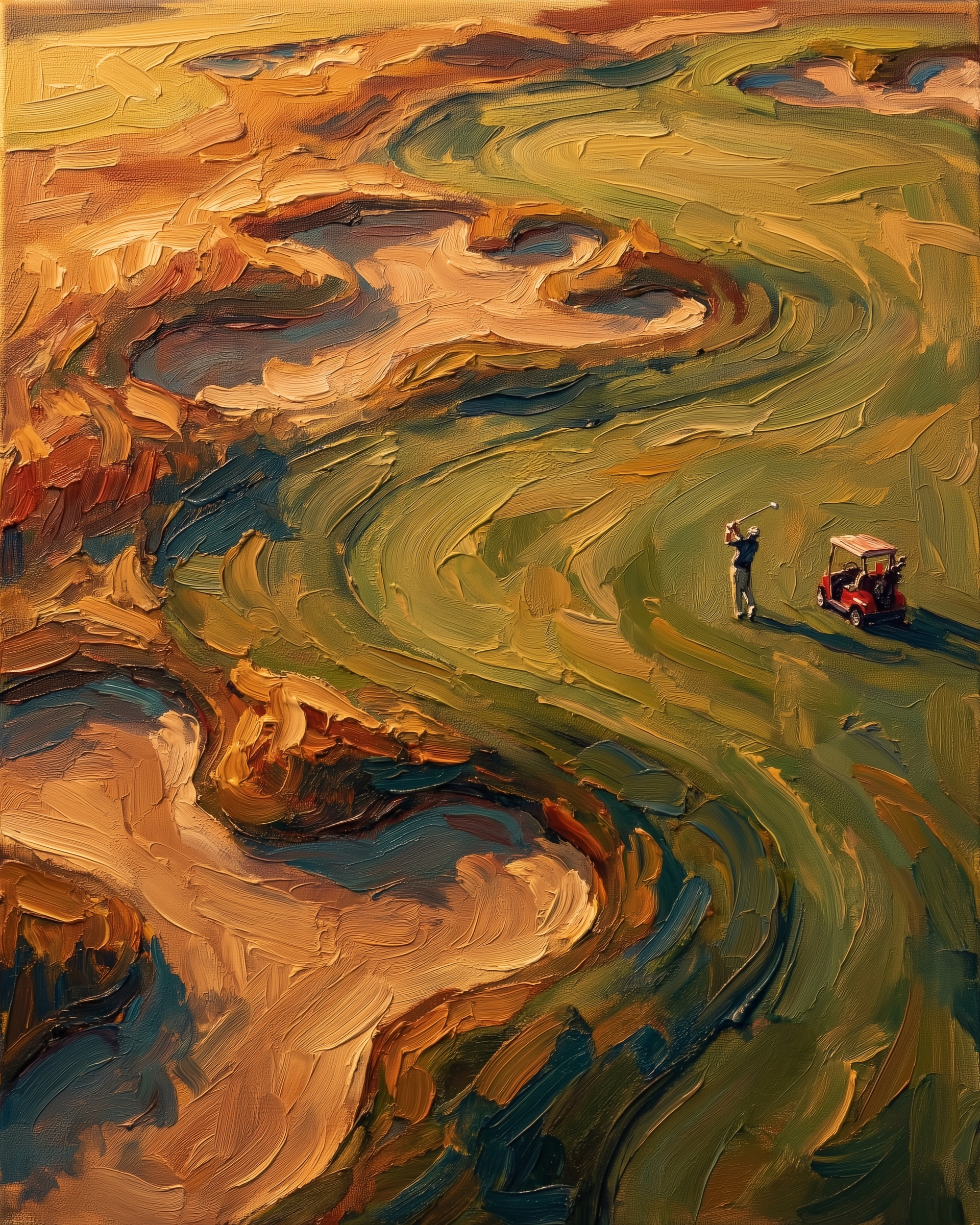 A swirling, textured oil painting of a lone golfer swinging near a red golf cart on a dramatically shaped course bathed in golden light.
