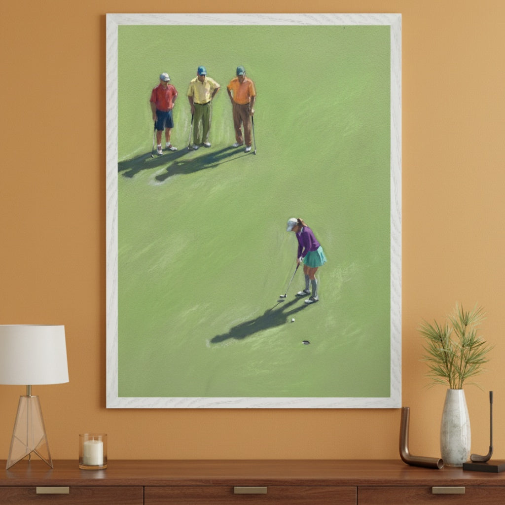 Modern room with a wooden dresser. A large framed aerial view painting of a woman golfer putting on a green as three men watch hangs centered above the dresser.
