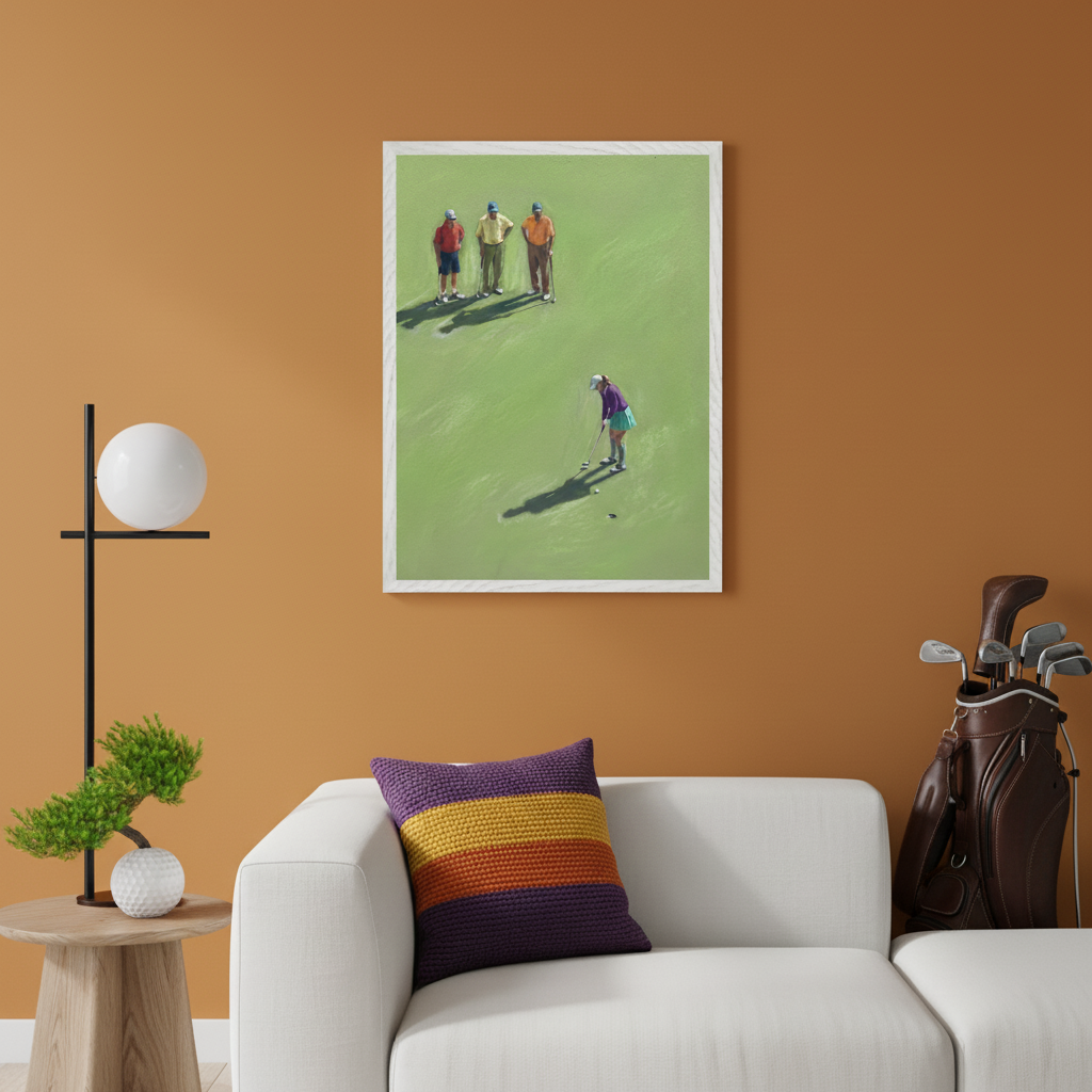 Modern living room with a white sofa. Framed painting of a woman putting on a golf course, viewed from above with three men watching, hangs above the sofa on an orange wall. A golf bag and side table are visible.