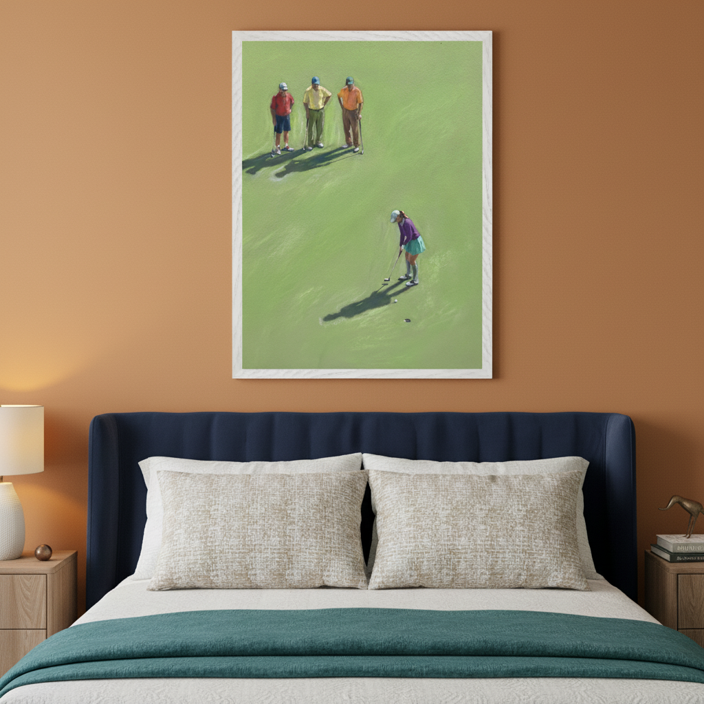 Modern bedroom with a blue upholstered bed. A large framed painting of a woman putting on a green with three men watching hangs centered above the bed.