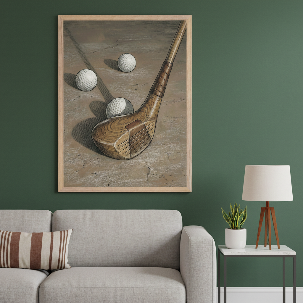 Modern living room with a dark green wall and light gray sectional sofa. A light wood-framed illustration of a golf club and three golf balls on a textured ground hangs above the sofa. A side table with a lamp and plant sits right of the sofa.