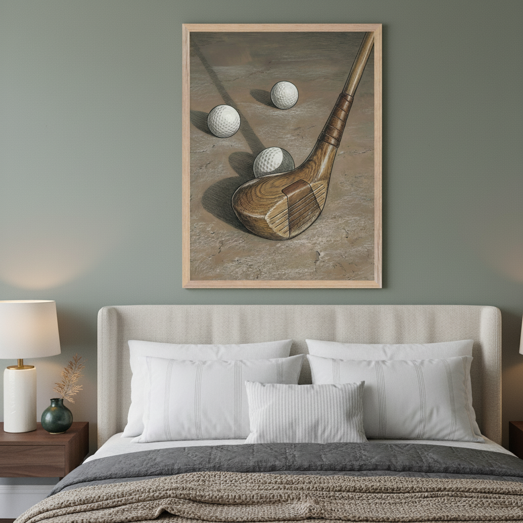 Green-walled modern bedroom with a light upholstered bed. A large framed illustration of a vintage wooden golf club and three golf balls on textured ground hangs centered above the headboard.