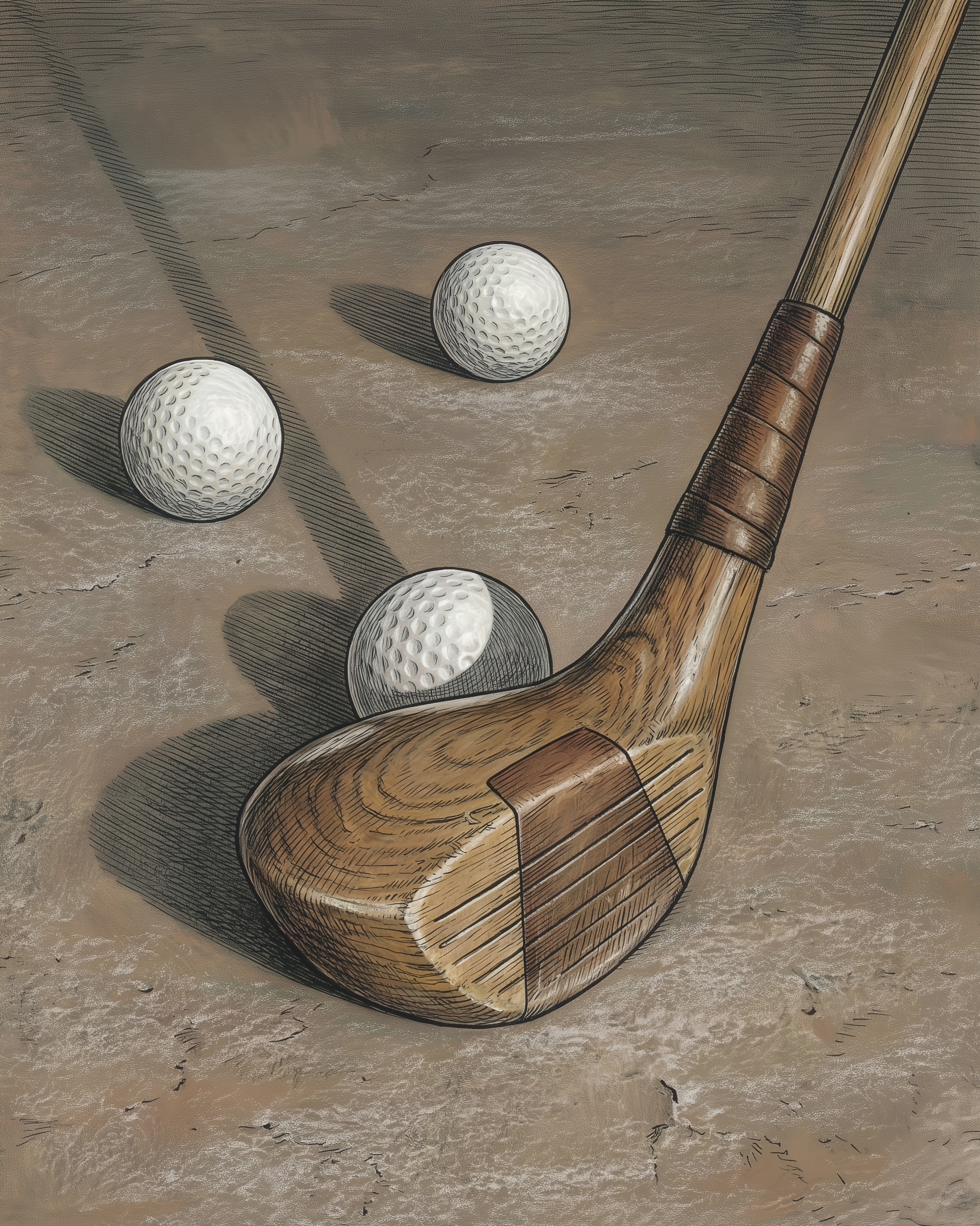 An illustration of a wooden golf club head beside three golf balls on a textured ground, blending retro design and sports detail.
