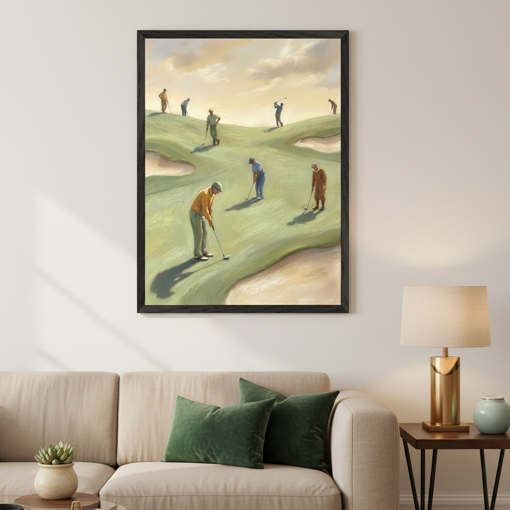 Living room with beige sofa and side table. A large framed painting of men playing golf on a green course with sand traps under a cloudy sky hangs above the sofa.