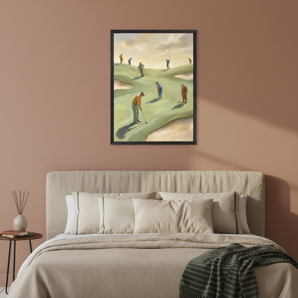Contemporary bedroom with a beige linen upholstered bed. A black-framed painting of multiple golfers on a green, hilly course with sand traps, under a cloudy sky, hangs above the bed, offset to the right.