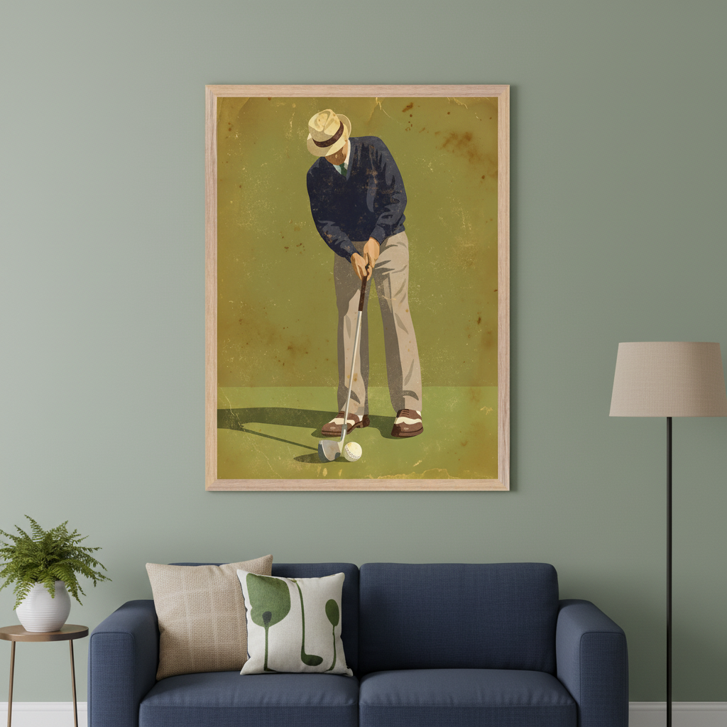 Modern living room with a blue sofa. A large framed vintage-style illustration of a man in a hat putting a golf ball hangs centered above the sofa. A fern plant is on a side table, and a floor lamp is on the right.