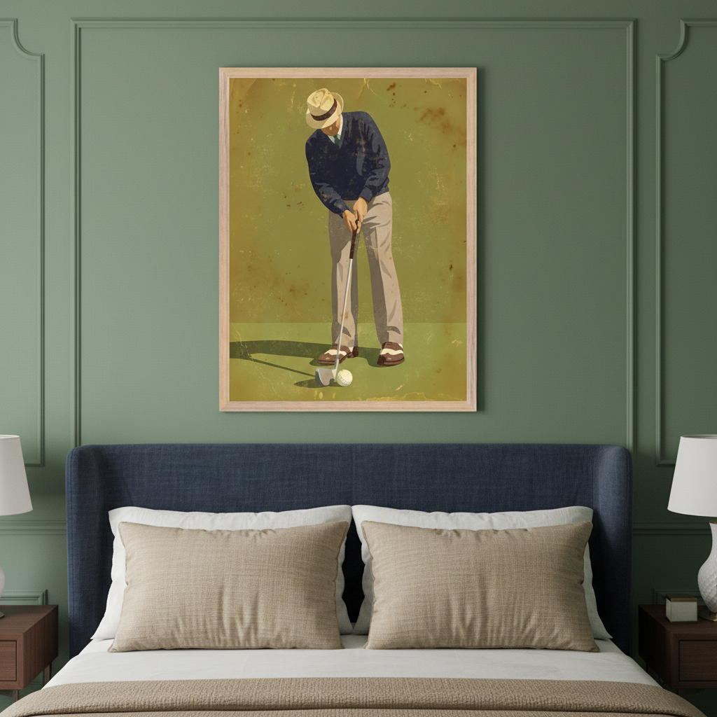 Bedroom with a dark blue upholstered bed and beige bedding. A framed vintage-style illustration of a man in a hat putting a golf ball hangs centered above the bed on a paneled green wall.