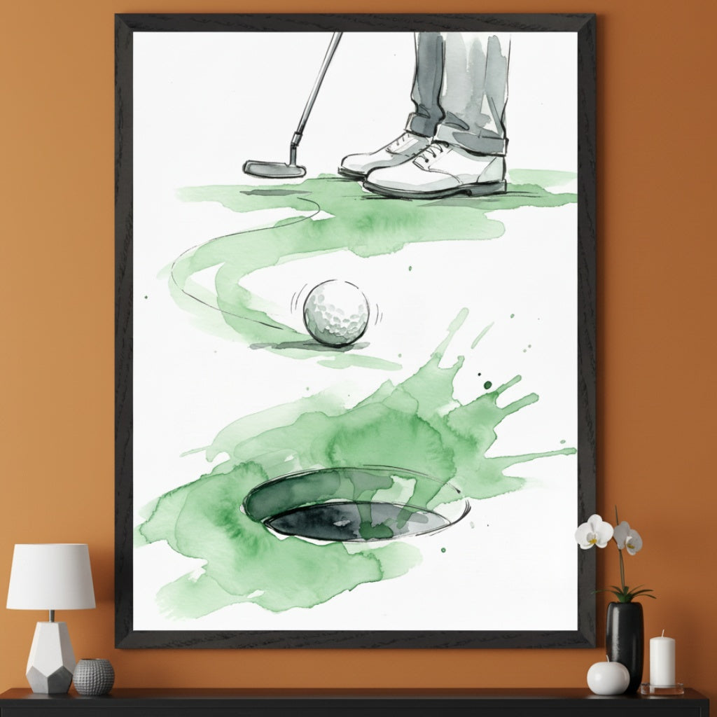Modern room with a dark console table. A large framed ink and watercolor painting depicting a golfer's feet and putter, a rolling golf ball, and a golf hole with green splatters, hangs above the table.