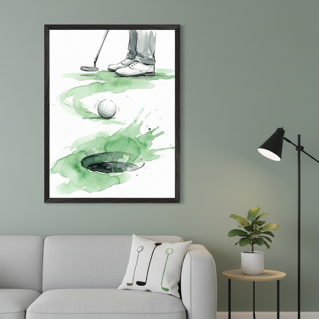 Modern living room with a light gray sectional sofa. A large framed watercolor of a golfer putting, a golf ball, and a hole with green splashes hangs above the left side of the sofa. A golf-themed pillow rests on the sofa.