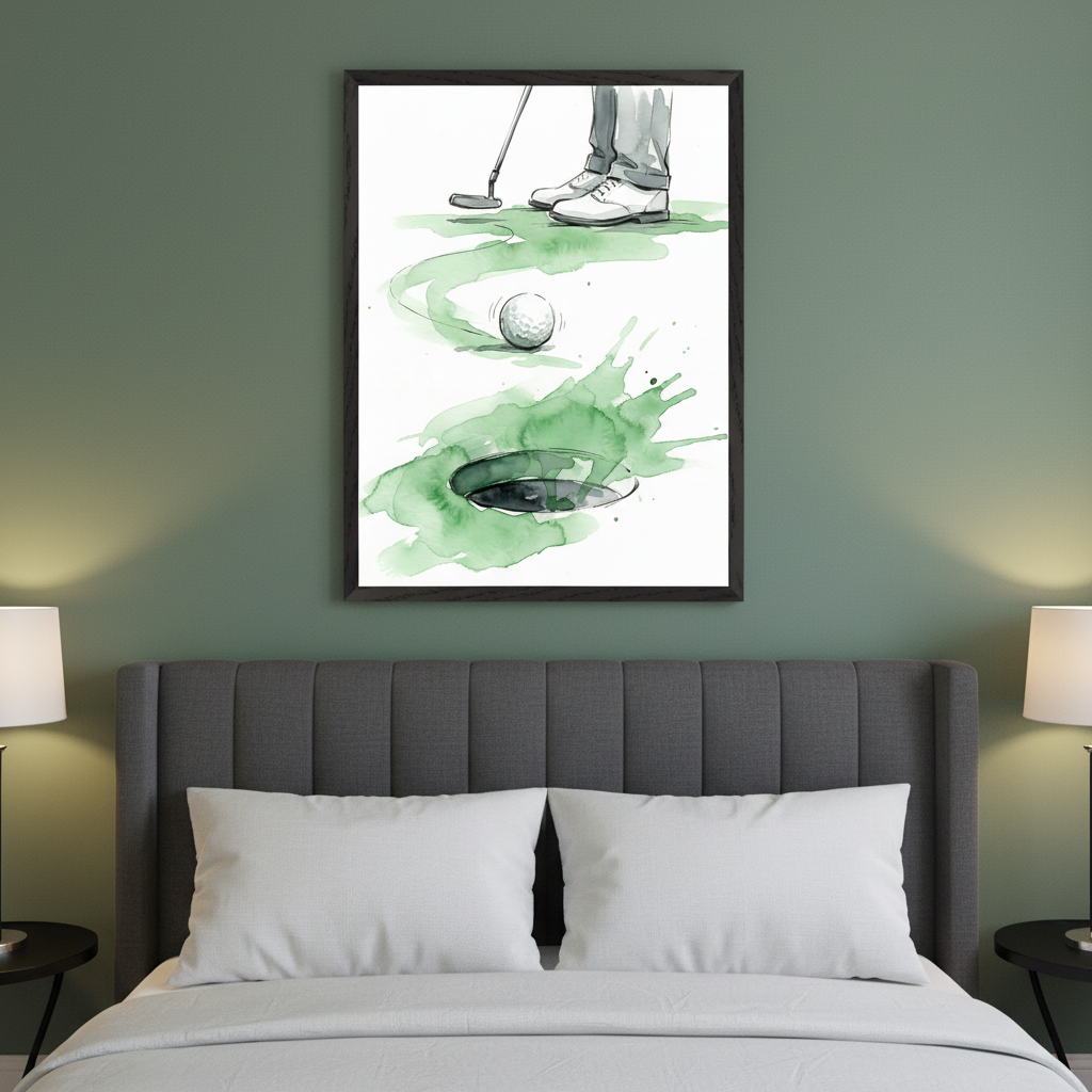 Modern bedroom with a dark gray upholstered headboard and white bed. A framed watercolor-style golf print showing a person putting, a golf ball, and a hole with green splashes, hangs centered above the bed.