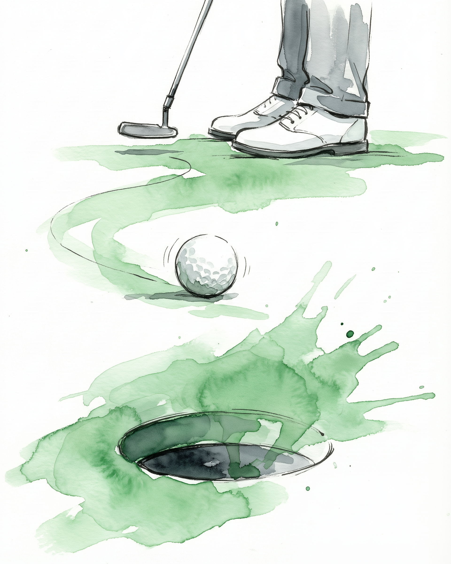 A loose watercolor painting shows a close-up of a golf ball rolling toward the hole with paint splashes mimicking motion on the green.
