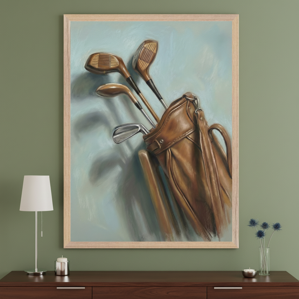 Modern living room with an olive green wall. A large framed realistic painting of vintage golf clubs in a brown leather bag hangs centered above a dark brown wooden dresser. A silver lamp, candle holders, and a vase with blue thistles are on the dresser.