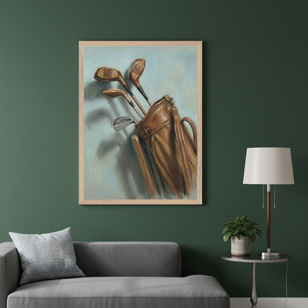 Living room with a dark green wall, gray sectional sofa, and side table. A light wood-framed painting of vintage golf clubs in a brown leather bag hangs above the sofa.