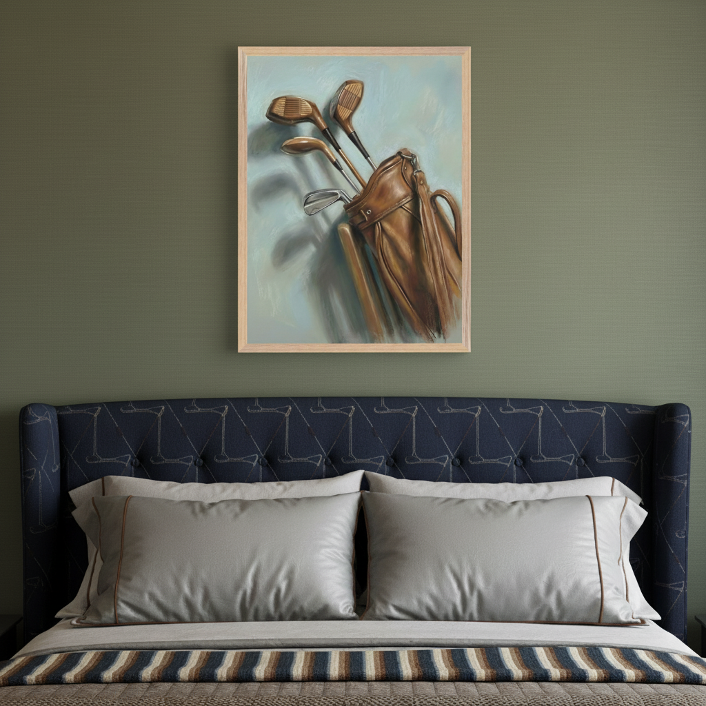 Bedroom with a dark blue, patterned upholstered headboard. A framed painting of vintage golf clubs in a brown leather bag hangs centered above the bed on a green wall.