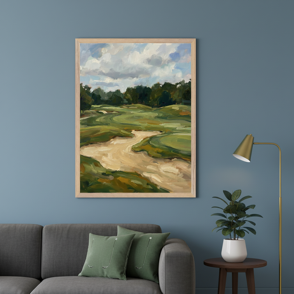 Modern living room with a gray sofa and green golf-themed pillows. A light wood framed oil painting of a golf course with green fairways, sand traps, and trees hangs above the sofa. A brass floor lamp and a potted plant sit to the right.