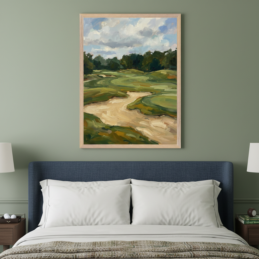 Bedroom with a blue upholstered bed. A framed painting of a golf course landscape with green fairways and sand traps, in a painterly style, hangs centered above the bed.