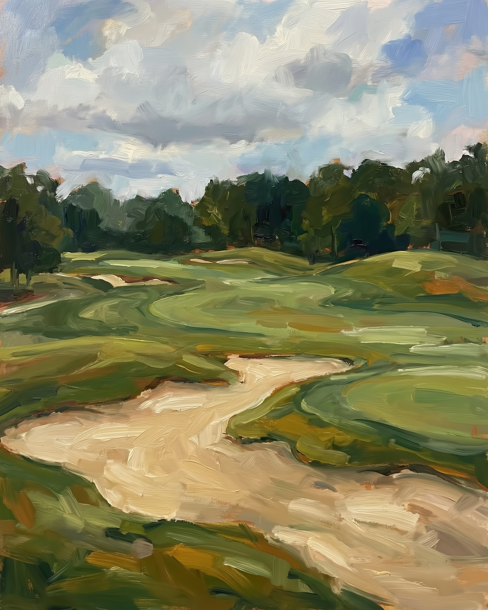 An oil painting of a green golf course with sand traps and tree-lined fairways under a partly cloudy sky.
