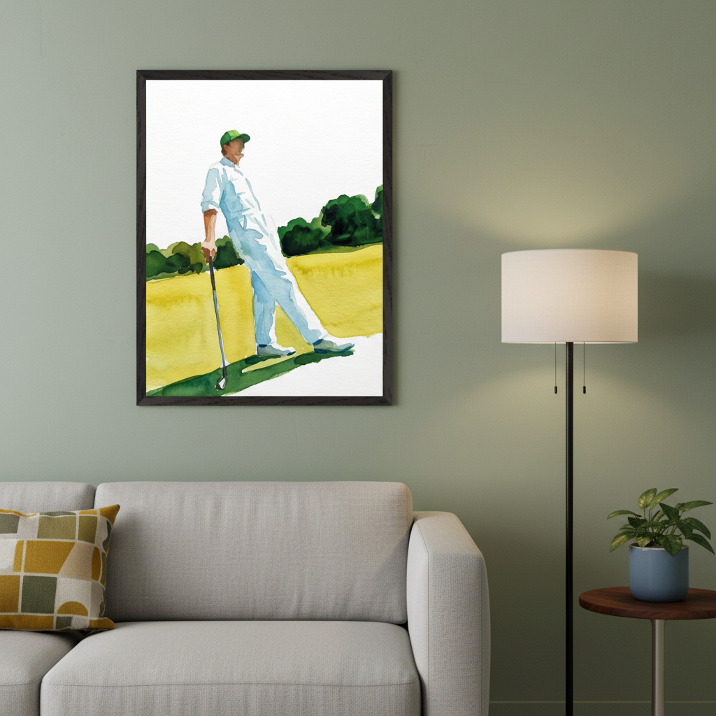 Living room with a light gray sofa and a floor lamp. A framed watercolor painting above the sofa depicts a golfer in a green hat and white clothes leaning on his club on a golf course with yellow fairways and green trees.