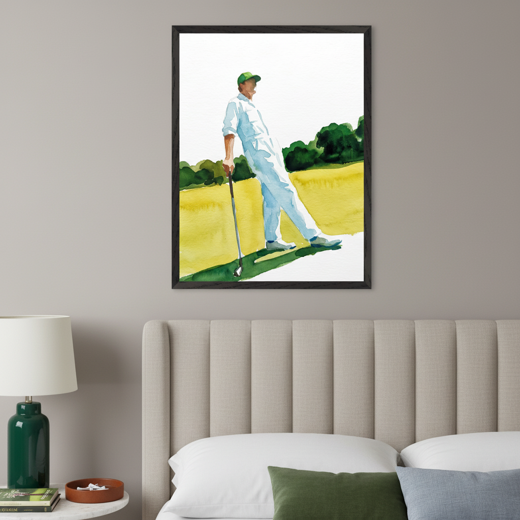 Bedroom with a beige upholstered bed and a white nightstand. A framed vertical watercolor painting of a golfer in white and a green cap leaning on his club on a golf course hangs above the bed.