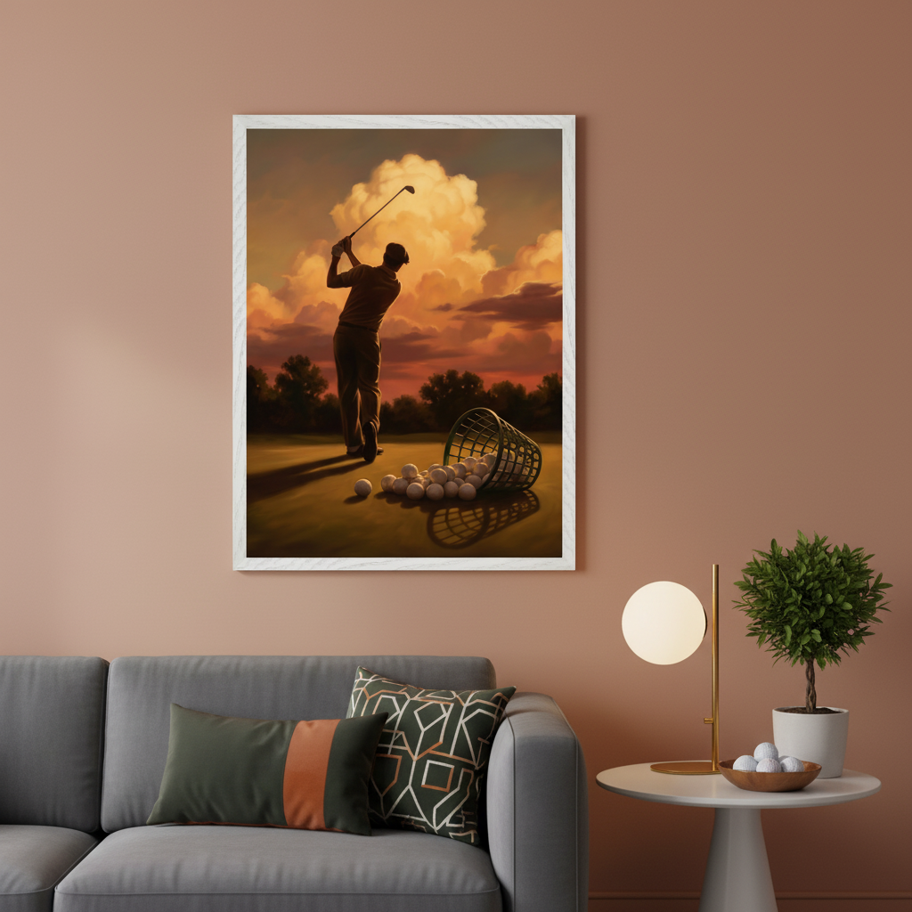 Modern living room with a gray sofa. A large framed artwork of a golfer in silhouette mid-swing at sunset, with scattered golf balls and a basket, hangs above the sofa. It has a warm, painterly style.