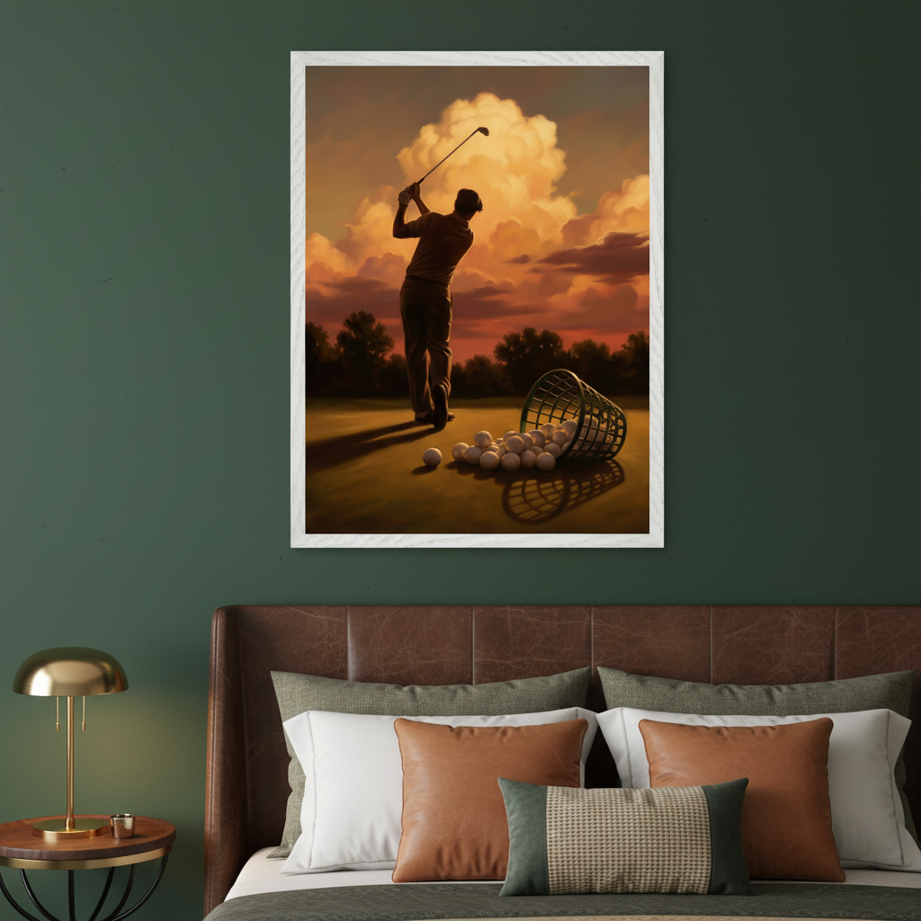 Modern bedroom with a brown leather headboard and bed. A large framed painting of a golfer swinging a club at sunset with golf balls and a basket on a green course hangs above the bed.