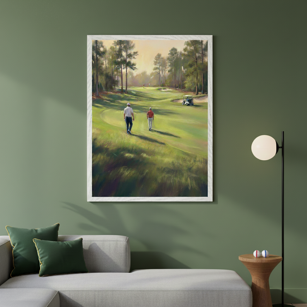 Modern living room with a light gray sectional sofa. A large white-framed impressionistic painting of a golf course with two golfers and a golf cart hangs above the sofa. A black floor lamp is on the right, next to a wooden side table with two golf balls.