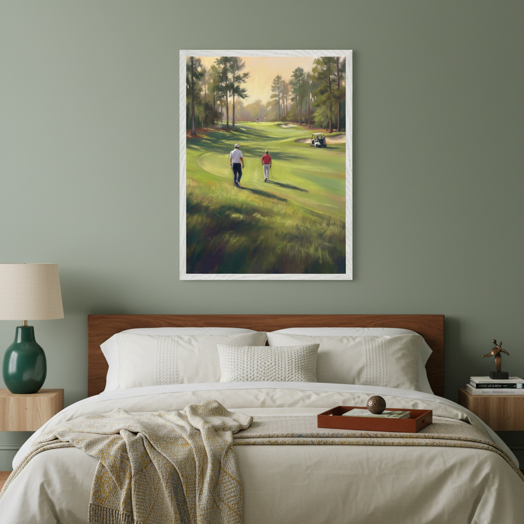 Modern bedroom with a bed and wooden headboard against a green wall. A large framed painting of two golfers walking on a green course with trees under a sunny sky hangs centered above the bed.