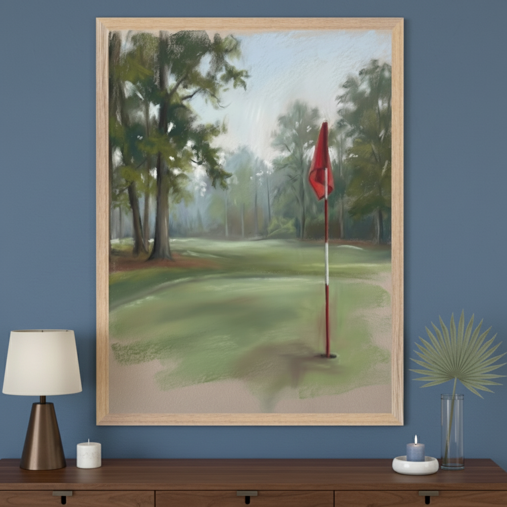 Modern room with a large framed impressionistic painting of a golf course green with a red flag, centered above a dark wooden dresser. A lamp, candles, and a plant in a vase are on the dresser.